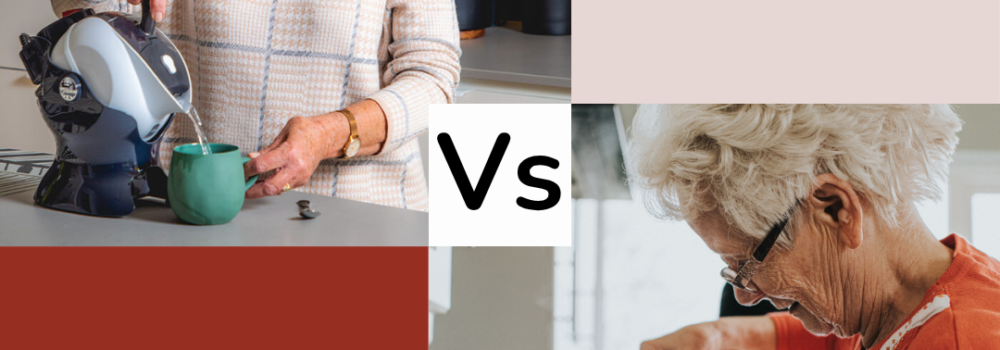 Elderly woman to the left pouring tea with the Uccello Easy Pour Kettle. Woman to the right pouring tea with traditional kettle