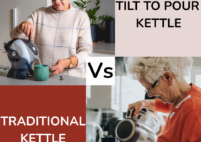 Elderly woman to the left pouring tea with the Uccello Easy Pour Kettle. Woman to the right pouring tea with traditional kettle