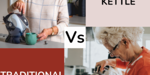 Elderly woman to the left pouring tea with the Uccello Easy Pour Kettle. Woman to the right pouring tea with traditional kettle