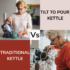 Elderly woman to the left pouring tea with the Uccello Easy Pour Kettle. Woman to the right pouring tea with traditional kettle