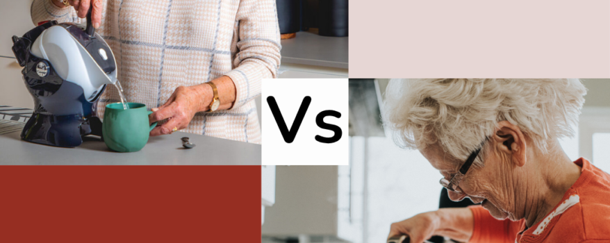 Elderly woman to the left pouring tea with the Uccello Easy Pour Kettle. Woman to the right pouring tea with traditional kettle