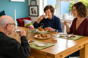 Elderly parents and adult daughter enjoying tea and cake together